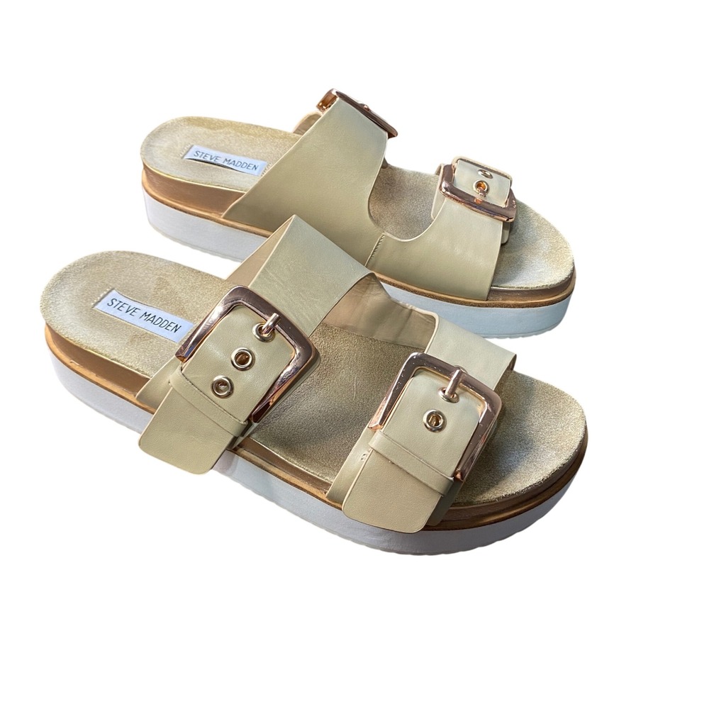 Steve Madden Pate Beige Leather Rose Gold Buckle Platform‎ Sandals Women's 10M